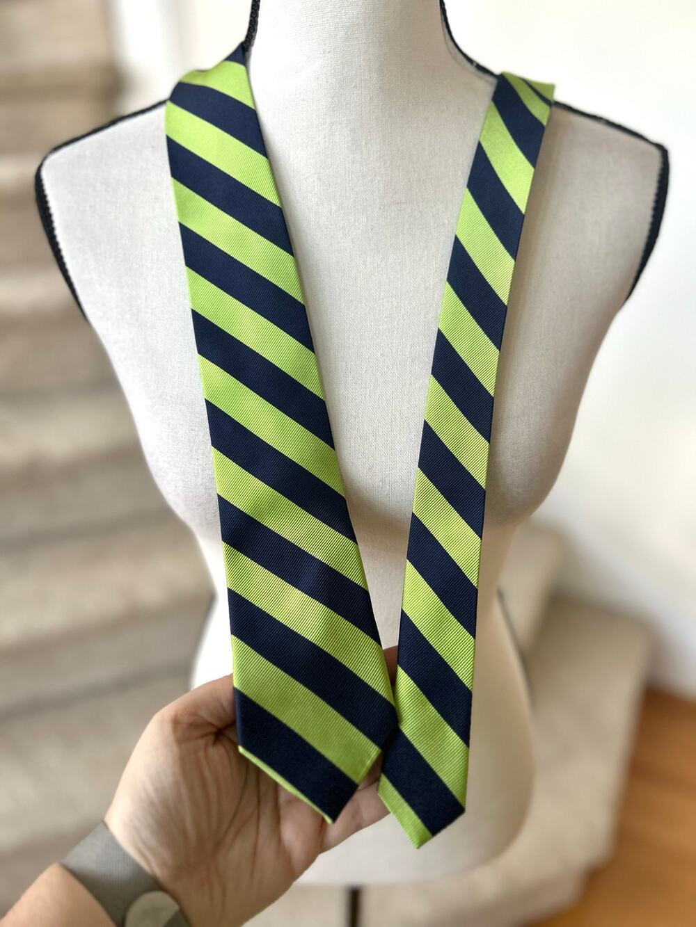 J.Crew Factory Lime Green & Navy Diagonal Stripe Silk Tie Preppy Academia